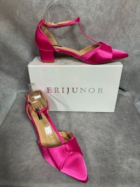 Nina Erijunor Hot Pink Satin T-Strap Block Heel Pumps